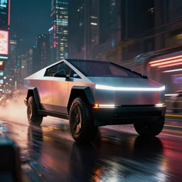macro closeup photo of combat tesla cybertruck hovering over wet dystopian cyberpunk city streets at night, mad max, action, speed, volumetric lighting, hdr, need for speed, gta 5, ridley scott, makoto shinkai, syd mead, craig mullins, cinematic, fast and furious, blade runner, octane, 8 k, iso 1 0 0