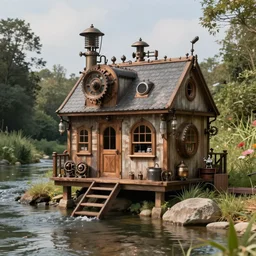 tiny house, river, steampunk, 8k, realistic, high definition, 10 bit colour, hdr