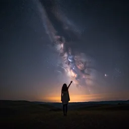 a beautiful landscape of a starry sky with an woman waving to the horizon, cinematic, dramatic, color grading, photojournalism, colorful, highly detailed