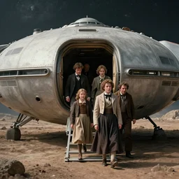 film still from a sci fi movie made in 2022, set in 1860, of a family leaving a spaceship, that has just landed on an alien planet, wearing 1860s era clothes, cinematic lighting, 4k, sharp, detailed