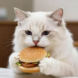 a white ragdoll cat eating an hamburger, photorealistic, highly detailed, 4k, sharp