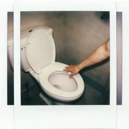 polaroid of john waters reaching his hand out to touch a toilet seat in heaven's restroom, very detailed, funny, with water damage