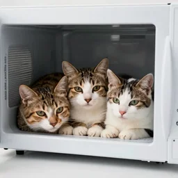 3 cats squished together in a microwave