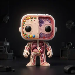 Pictoplasma, pictoplasma, pictoplasma, disney, pixar, dreamworks, animated, Simple bionic exploded drawing, crossection funko pop toyfigure fungus sculpture, jellybeans, organs, kidney, by david lachapelle, by angus mckie, by rhads, in a dark empty black studio hollow, c4d, at night, rimlight, c4d, by jonathan ivy, by alex grey, Haeckel