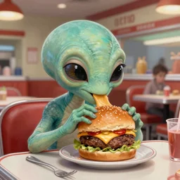 hyper realistic, detailed beautiful cute alien, eating a cheeseburger, at a 5 0 s diner, painted by norman rockwell, greg rutkowski, john howe, wlop, artgerm