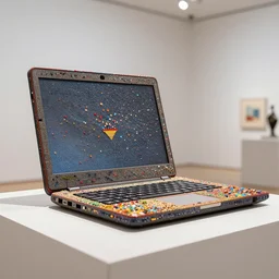 stunning intriguing sculpture of a laptop, composed of tiny colorful details, hyperdetailed, contemporary masterpiece, in clean minimal style museum, deep focus, striking