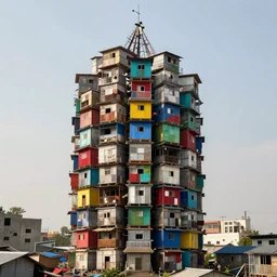 a tower made up of colourful makeshift squatter shacks, dystopia, sony a 7 r 3, f 1 1, fully frontal view, photographed by tekla evelina severin, ultra detailed,