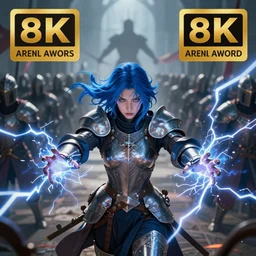 action scene, of a distant shadowy female knight, shooting electricity from her hands, at a large army in the background, symmetrical face, cobalt blue hair, fantasy, medieval, digital art, trending on art station, 8 k resolution, award - winning photo,, highly detailed scene, powerful imagery, vibrant art