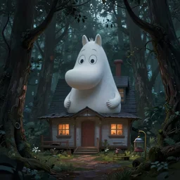realistic moomin house in haunted forest, creepy ambiance, digital painting