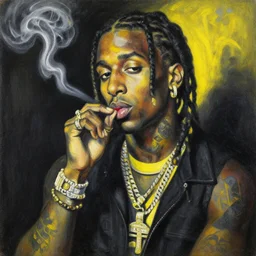 painting of wiz khalifa smoking, black and yellow, an ultrafine detailed painting by natalia goncharova, pixiv, naive art, detailed painting, whimsical!, cubism!