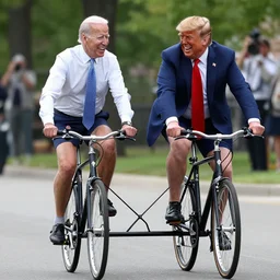 joe biden and donald trump drunkenly riding a tandem bike together, laughing and joking, photorealistic, detailed