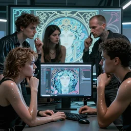 group of designers arguing in front of a computer screen, glistening skin, cyberpunk, art nouveau, dynamic lighting, high detail, concept art, artstation. by Paolo Eleuteri Serpieri