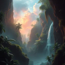 an award winning digital artwork of a lush prehistoric jungle chasm blending tastefully into a nebula, stunning, washed out colors, professional, master level composition, volumetric lighting, haze, sunset, photorealistic