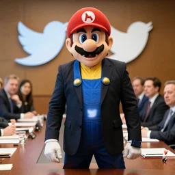 Elon Musk dressed as Wario at a board meeting with Twitter