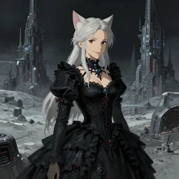 beautiful concept art of lunar cyberpunk city showing ciri from the withcer smiling with cat ears standing in a black gothic frilly dress, studio ghibli fantasy close - up shot asymmetrical intricate elegant matte painting illustration hearthstone detailed, unreal 5, by greg rutkowski by greg tocchini by james gilleard