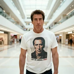 wide shot of john travolta wearing a tshirt with nick cage lost in liminal space of an endless mall by tadao ando