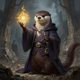 A well dressed wizard furry otter fursona is a mage casting a magic spell, highly detailed fantasy anime artwork, ArtStation, pixiv, furaffinity, highly detailed grimdark oil painting, epic scenery in a ruined temple