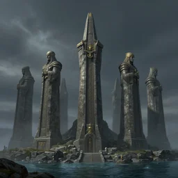 Argonath statues at the River Anduin, Pillars of the Kings, evening, detailed matte painting, low angle view, cinematic, Alan Lee, Artstation