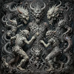 hyper detailed fine painting with strange and complex textures of a being with chaotic shapes and deformed monsters inside, all fighting each other like subversive and changing particles, psychedelic surreal cosmic horror