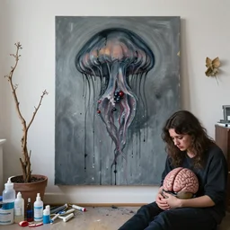 dripping black and grey paint, splashed paint, sensual, jellyfish, dead houseplants, a sad portrait in a female art student's apartment, surgical supplies, depression, crying, woman holding a brain from inside a painting, berries, neo - expressionism, surrealism, acrylic and spray paint and oilstick on canvas
