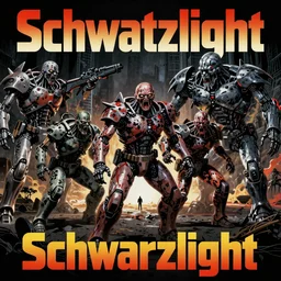 Movie Poster For Schwartzlicht,about Chinese Russian Zombie Troopers Designed By Yasushi Nirasawa battle Japanese America Cyborgs Designed by Syd Mead and Giger, 1970s style, very detailed, text says: Schwarzlicht