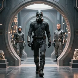 full body cinematic shot of a male time traveling intelligence agent in a black and greyscale sealed continuity suit stepping through an arched time travel gateway with glowing keystone, masculine, simple and functional with gaiter-style gas mask, a mix between splinter cell and metal gear solid by alphonse mucha