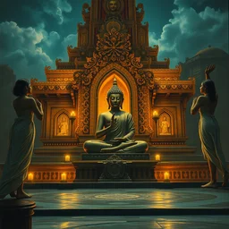 8 0's srilankan buddha meditating while womans are dancing on temple,, craig mullins, j. c. leyendecker, lights, art by ernst haeckel, john william godward, hammershøi