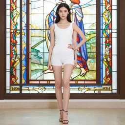 full body picture of a beautiful girl, model pose, sharp focus, stained glass background, bright color, backlit, specular reflection, anato finnstark, lecouffe deharme, quentin mabille, greg rutkowski, epic fantasy novel cover art