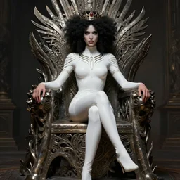 of a beautiful black haired woman with pale skin and a crown on her head sitted on an intricate metal throne, full body, dominatrix, tribal, smooth white tight clothes suit, ornate, very beautiful, concept art, realistic painting, androgynous, afrofuturism, daz 3 d, cinematic, cgsociety, digital art by greg rutkowski, by alphonse mucha,