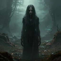 creepy unsettling distant otherworldly being staring directly into the camera in an alien landscape, fantasy, digital art