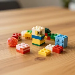 professional photograph of a few blocks of lego candy sitting on a wooden table, depth of field, 8 k, 8 5 mm f 1. 8
