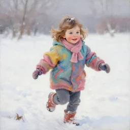 a one year old girl with short wavy curly light brown hair and blue eyes wearing colorful winter clothes is running in a snowy field. beautiful painting by artgerm and greg rutkowski