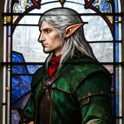 detailed side - view portrait of the elf iorveth from the witcher 2, green coat, red bandana, tenth century stained glass window, very masterful