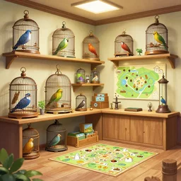 A rpg bird ornithologist shop stocked with various mystical birds in cages  dungeon map room , vibrant color scheme, highly detailed, in the style of romanticism, cinematic, artstation, Moebius, Greg rutkowski