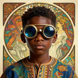 colourful vfx upper half - portrait - art of a nigerian boy wearing steam punk goggles, art by utagawa kunisada, james jean & alphonse mucha, symmetrical, intricate detail, concept art, volumetric light, ray tracing, caricature, digital illustration, digital painting, octane 3 d render, unreal engine, sharp, pinterest, behance, art station,