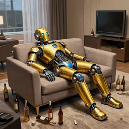 a shiny golden and blue metallic futuristic steampunk humanoid robot sleeping on a sofa in a modern hotel room, empty bottles all over the floor, broken tv monitor, robert crumb style, insanely detailed, wide shot