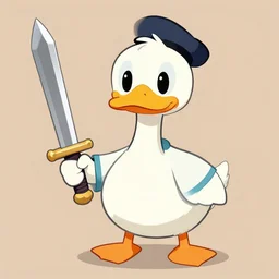 animated dictator duck with a holding a sword, flat art, detailed, clear edges, pastel shades, realistic