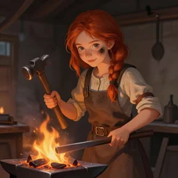portrait of a young girl working in a blacksmith's forge, clear eyes, slight smile, red hair, soot on her cheek, hands holding a hammer, fantasy art, fire, digital art, unreal engine, in the style of greg simkins and francisco de goya,