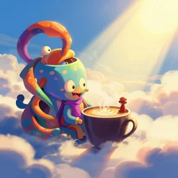 cafe in the clouds, brightly illuminated by rays of sun, artstation, colorful sylvain sarrailh illustration, by peter chan, day of the tentacle style, twisted shapes