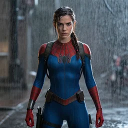 cinematic!!!! of lara croft as spiderman!!!!!!, dramatic rain, 8 k, moody lighting