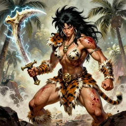 Muscular savage barbarian warrior girl, wearing barbarian caveman pelt, cavewoman, wild spiky black Saiyan hair, tiger pelt, holding scimitar made of bone, battle-scarred, scars of battle, bloody, primeval fantasy, electricity, palm trees, pulp art, illustration, Frank Frazetta