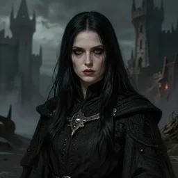 a highly detailed color illustration portrait of a beautiful but grim warpriest with long black hair, dark moody eerie castle setting, d & d portrait, planescape, 8 0's horror fantasy art, hires, digital art, sharp focus, neutral colors, art by tim hildebrandt and frank frazetta and gerald brom and greg rutkowski