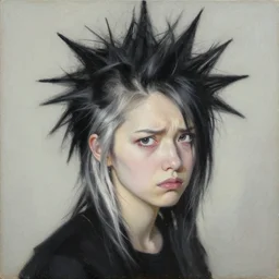 A young woman with black and white hair looking disgusted away from the camera, Punk, Portrait by Noriyoshi Ohrai, rendered in octane, oil on canvas