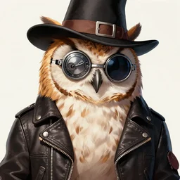 an anthropomorphic owl wearing mechanical sunglasses and a leather jacket and a magician black hat, by kawacy, trending on pixiv, anime, furry art, trending on furaffinity