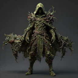 full character concept art, male ranger wearing a hooded cape made of vines, dark flowers, roots and thorns, detailed, high quality, dynamic lighting, dark fantasy. artwork by artgerm, wlop, alex ross, greg rutknowski, alphonse mucha