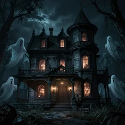 creepy haunted house at night with ghosts
