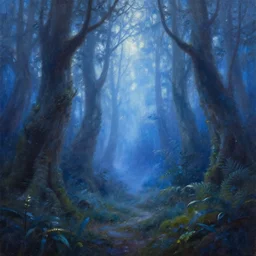 oil painting of fantasy magic forest, by greg rutkowski, no fog, blue