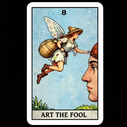 art for the fool tarot card, cliffface on right side of image hobo fairy with bindle in topright quadrant of image flying off the edge of the cliff, magic realism, fantasy, art by josephine wall, league of legends splash art, art by alphonse mucha, trending on artstation