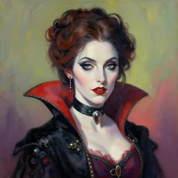 head and shoulder portrait of a victorian female vampire, painted by bloodborne, vibrant colors, vampire fashion