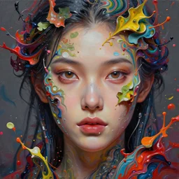 face closeup of beautiful girl in intricate detailed color smashing fluid oilpaint, 3 d render, hyper realistic detailed portrait, color leaves, ruan jia, wlop. scifi, fantasy, hyper detailed, octane render, concept art, by peter mohrbacher, by wlop, by ruan jia